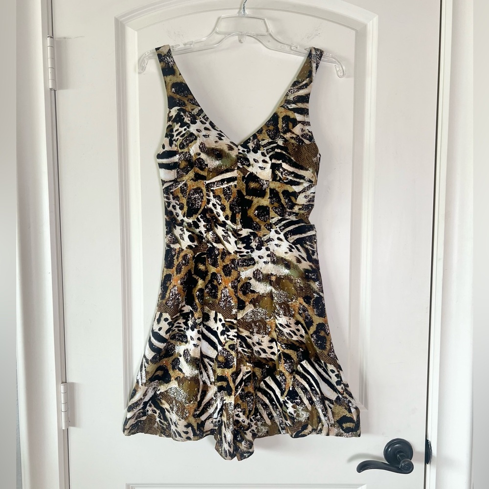 Vintage 80s All That Jazz Animal Print Romper Wide Leg Flowy Jumpsuit Size 7/8